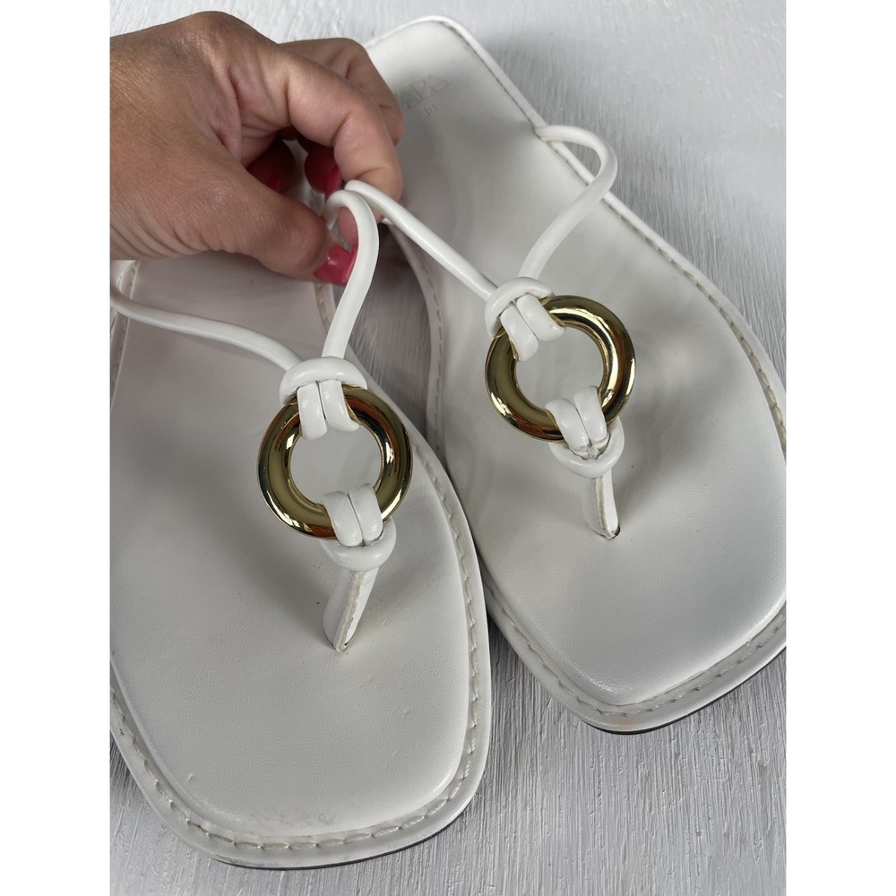 Zara women slip on sandal Square Toe White Gold Straps Size 38 US 7.5 - Picture 7 of 12
